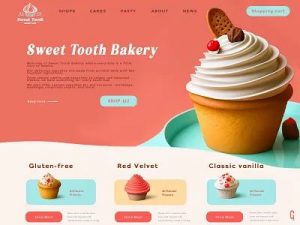 Webbplats för Sweet Tooth Bakery med muffins och nyhetsbrevsförslag.